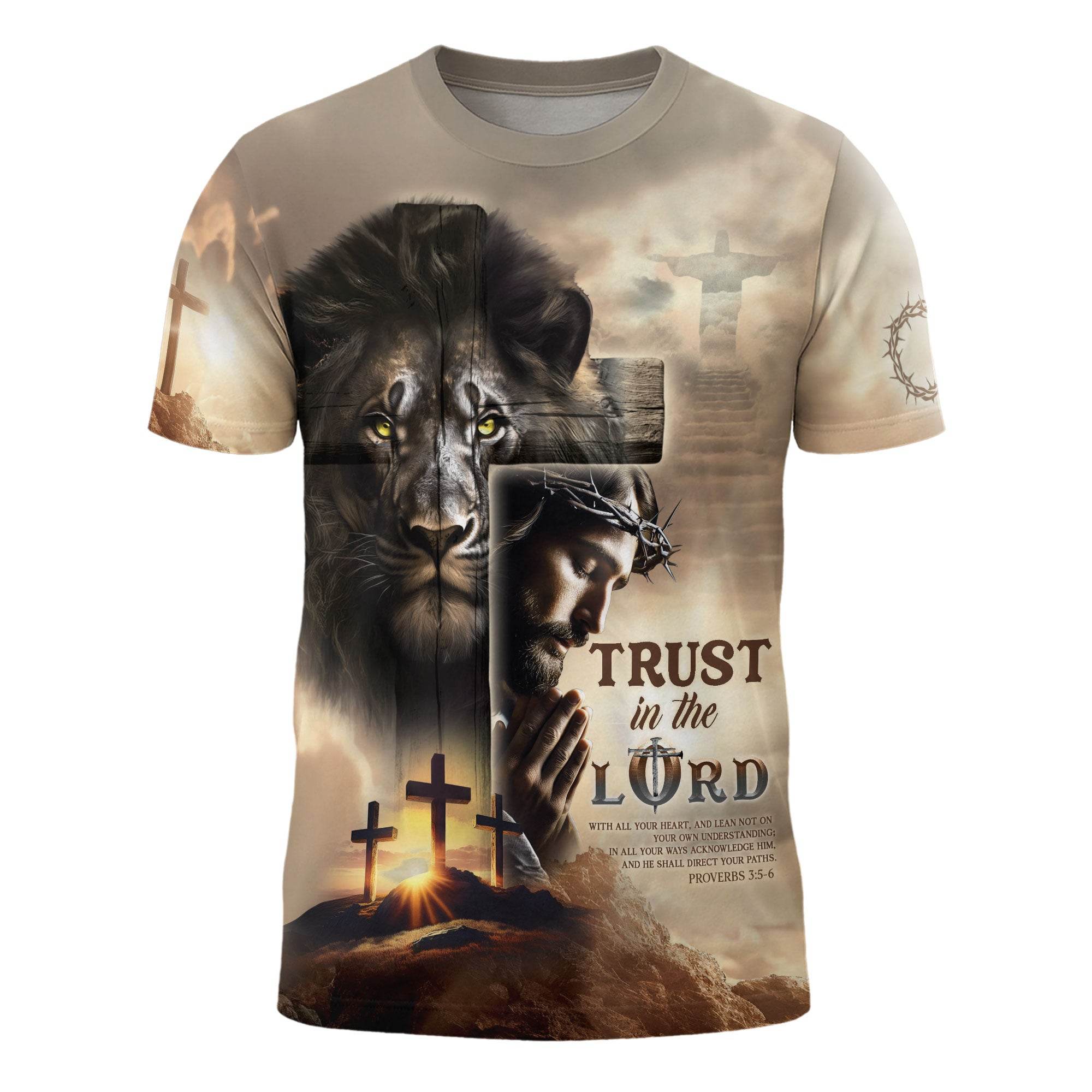 Trust in the Lord Proverbs 3:5-6 Resurrection Cross & Lion Christian T-Shirt