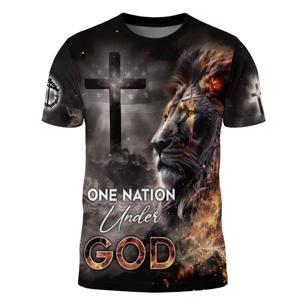 One Nation Under God Fiery Lion Cross Christian T-Shirt