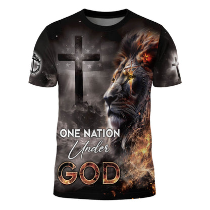 One Nation Under God Fiery Lion Cross Christian T-Shirt