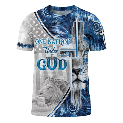 One Nation Under God Blue Lion Cross Christian T-Shirt