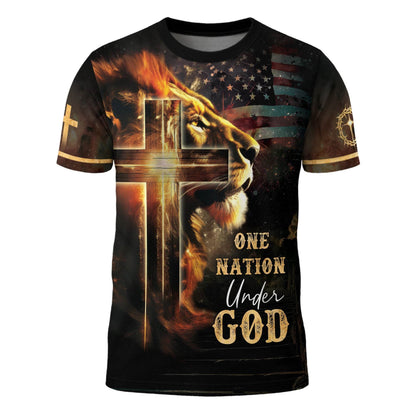 One Nation Under God Lion Cross American Flag T-Shirt