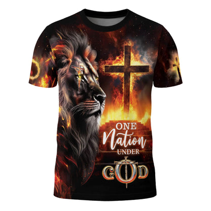One Nation Under God Fire Cross Lion Christian T-Shirt