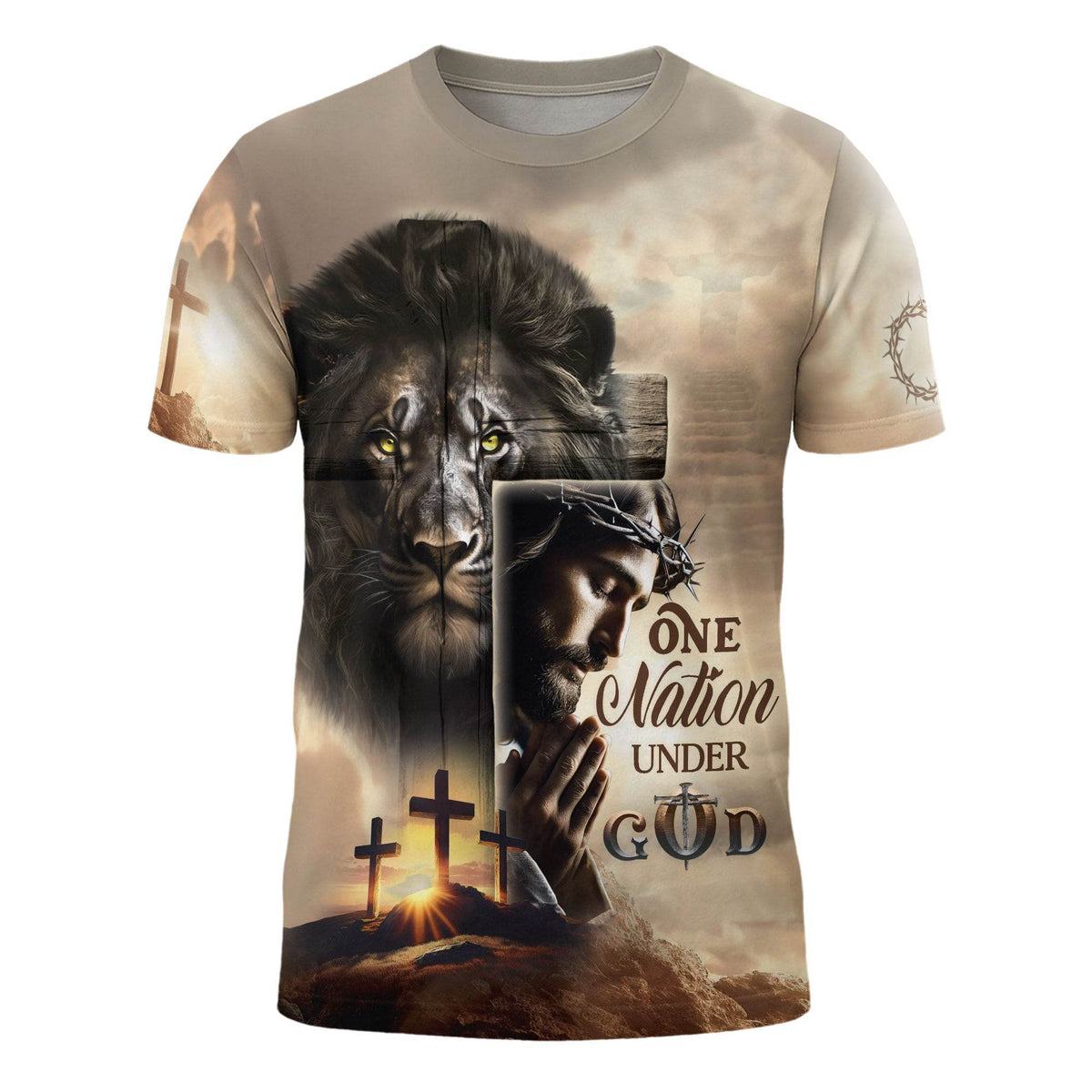 One Nation Under God Sunrise Lion Cross Christian T-Shirt