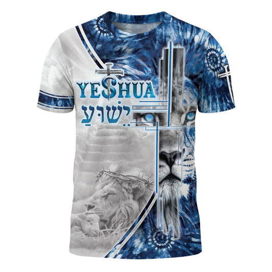 Yeshua Jesus Lion & Lamb Heavenly Blue Cross Christian T-Shirt