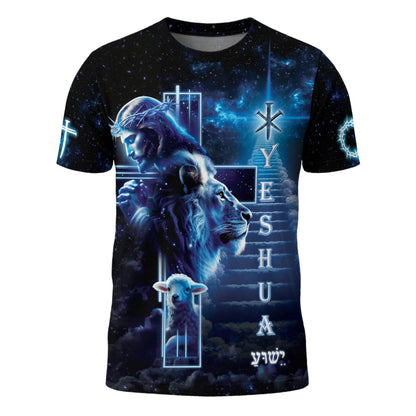 Yeshua Lion and Lamb Heavenly Cross Christian T-Shirt
