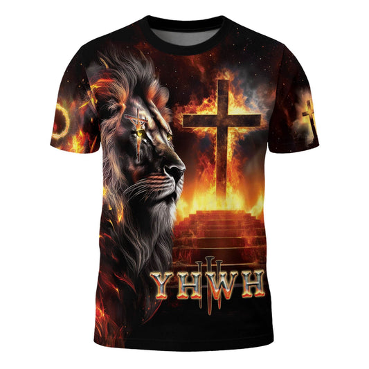 YHWH Fiery Lion of Judah & Burning Cross Christian T-Shirt