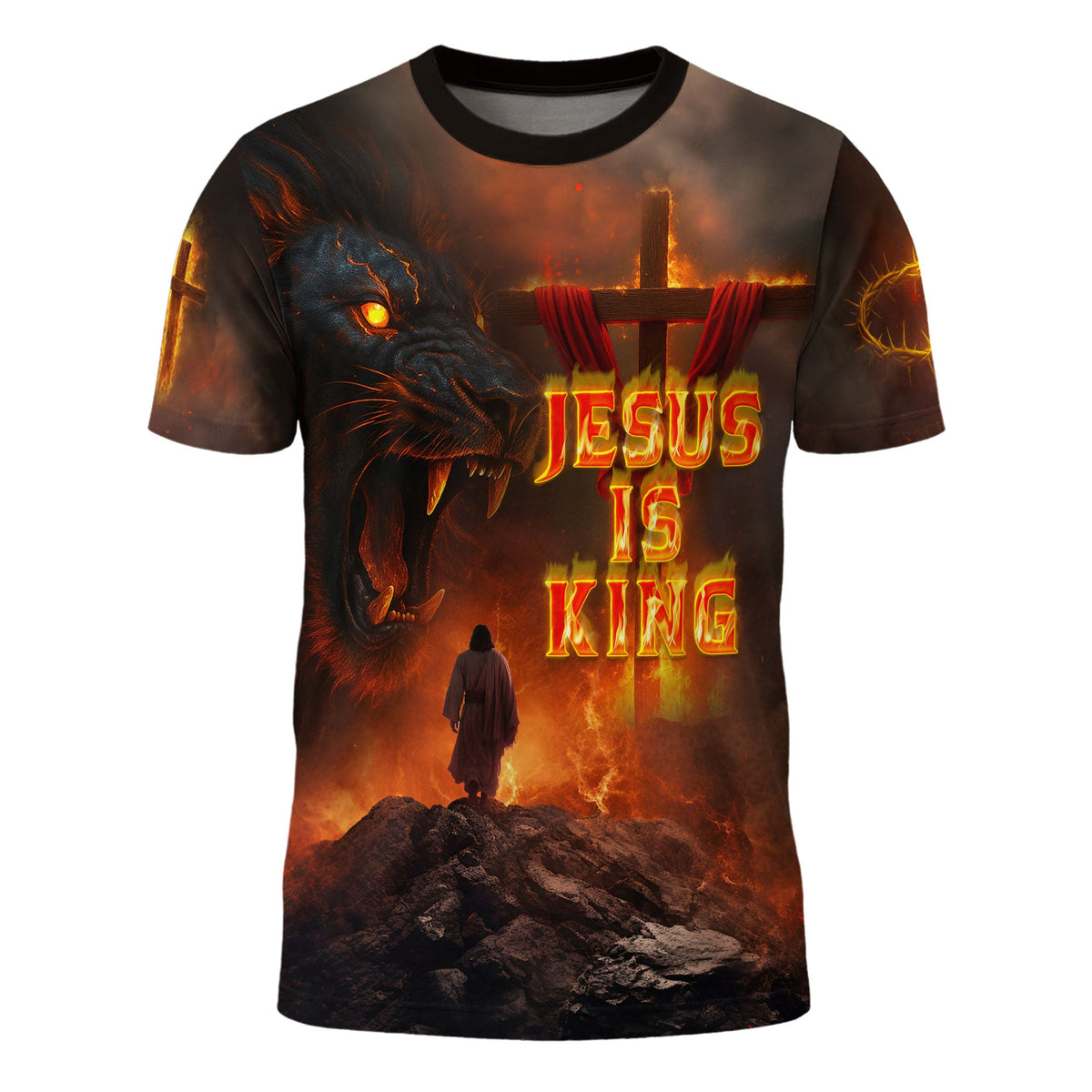 Jesus Is King With Fiery Lion And Cross T-Shirt