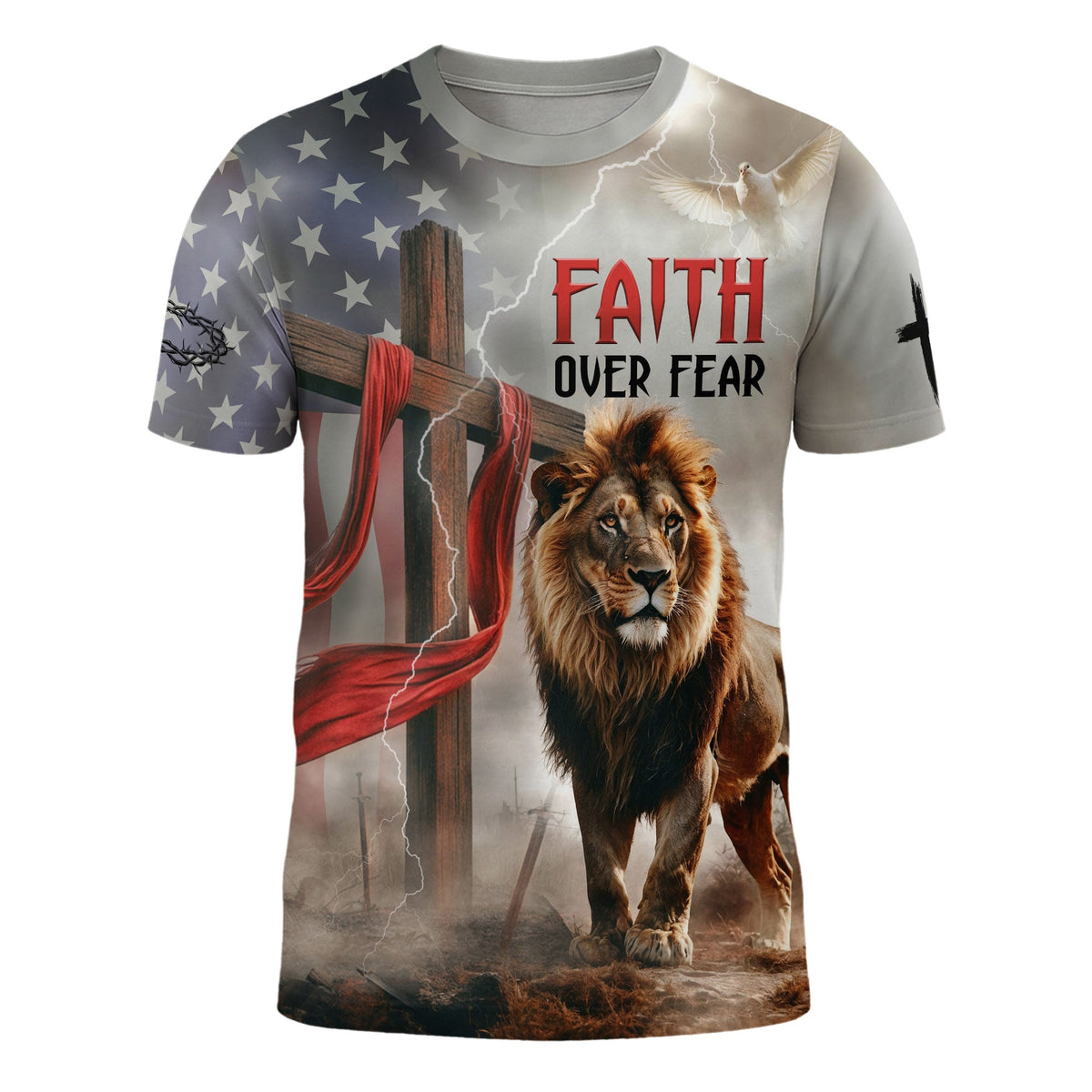 Faith Over Fear American Flag Lion & Cross Christian T-Shirt