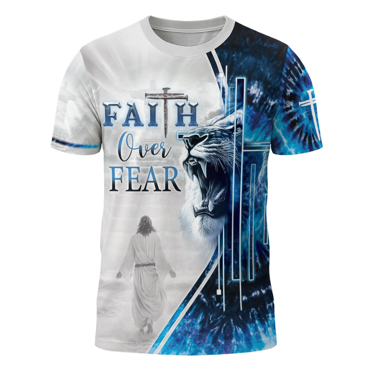 Faith Over Fear Blue Lion & Cross Christian T-Shirt