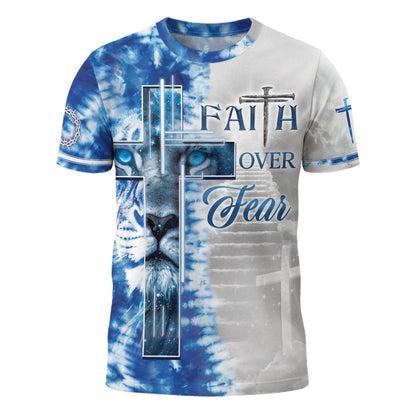 Faith Over Fear Blue Lion Cross Christian T-Shirt