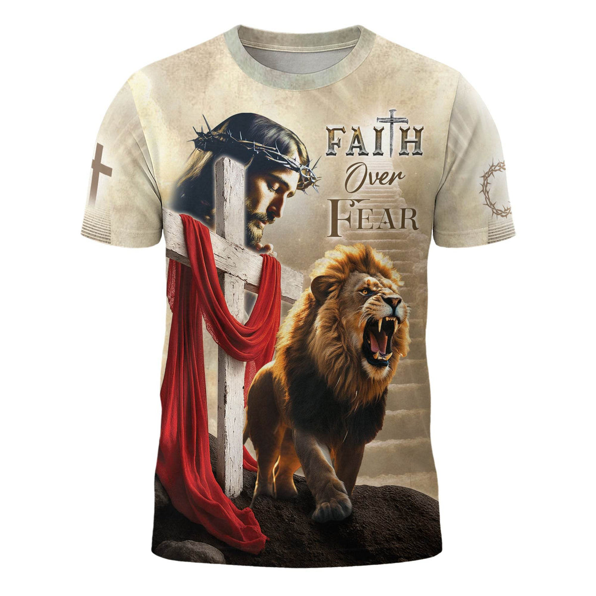 Faith Over Fear Jesus & Lion with Red Drape Christian T-Shirt