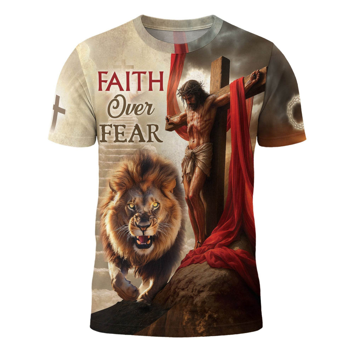 Faith Over Fear Jesus Lion & Cross Christian T-Shirt