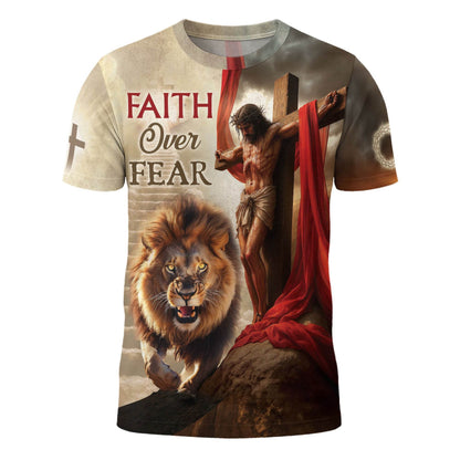 Faith Over Fear Jesus Lion & Cross Christian T-Shirt