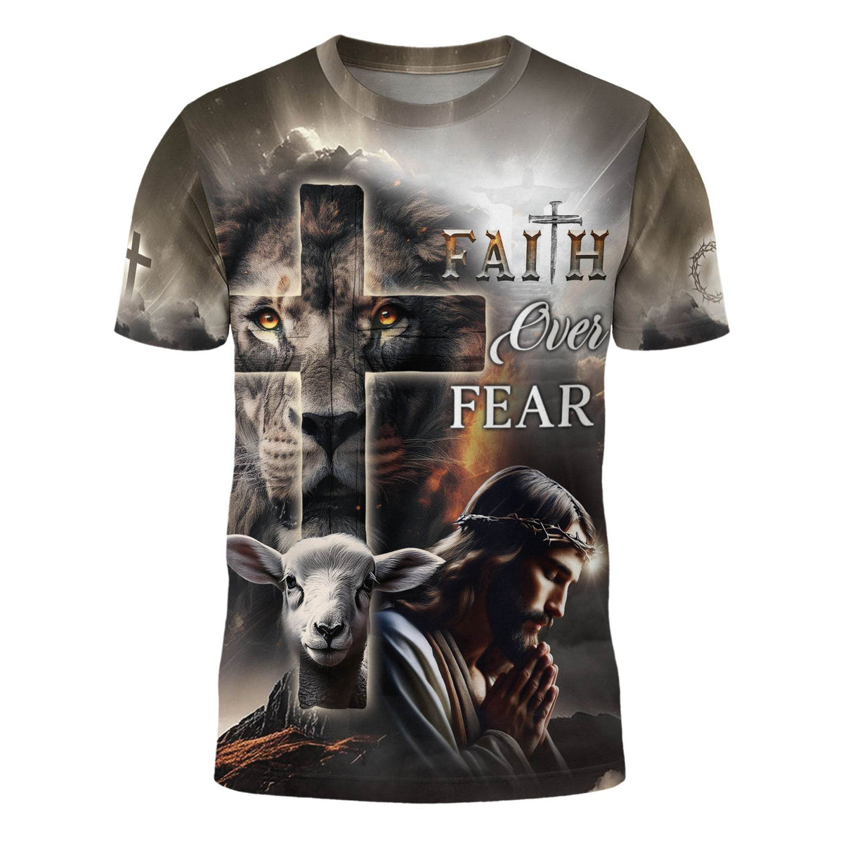 Faith Over Fear Lion Cross & Lamb Christian T-Shirt