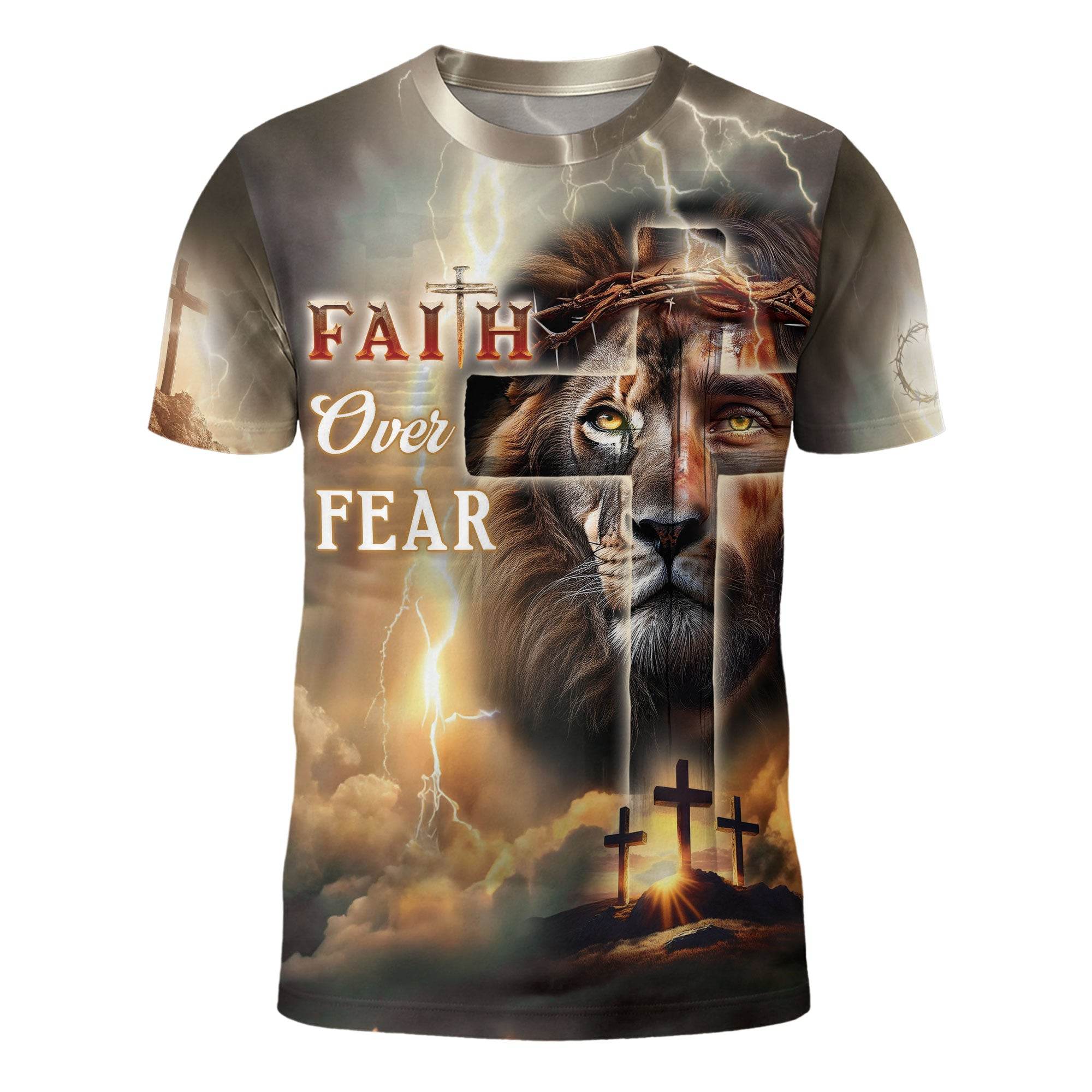 Faith Over Fear Lion & Cross Lightning Christian T-Shirt