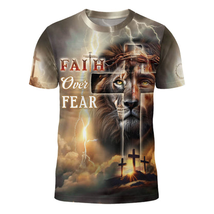 Faith Over Fear Lion & Cross Lightning Christian T-Shirt