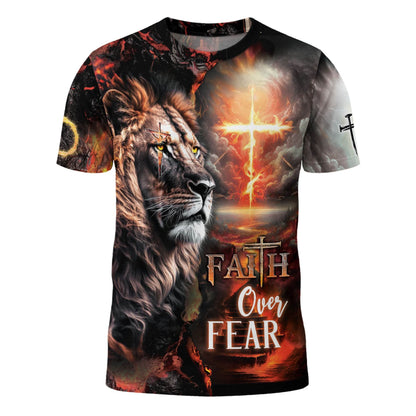 Lion & Fiery Cross Christian T-Shirt – Faith Over Fear Design