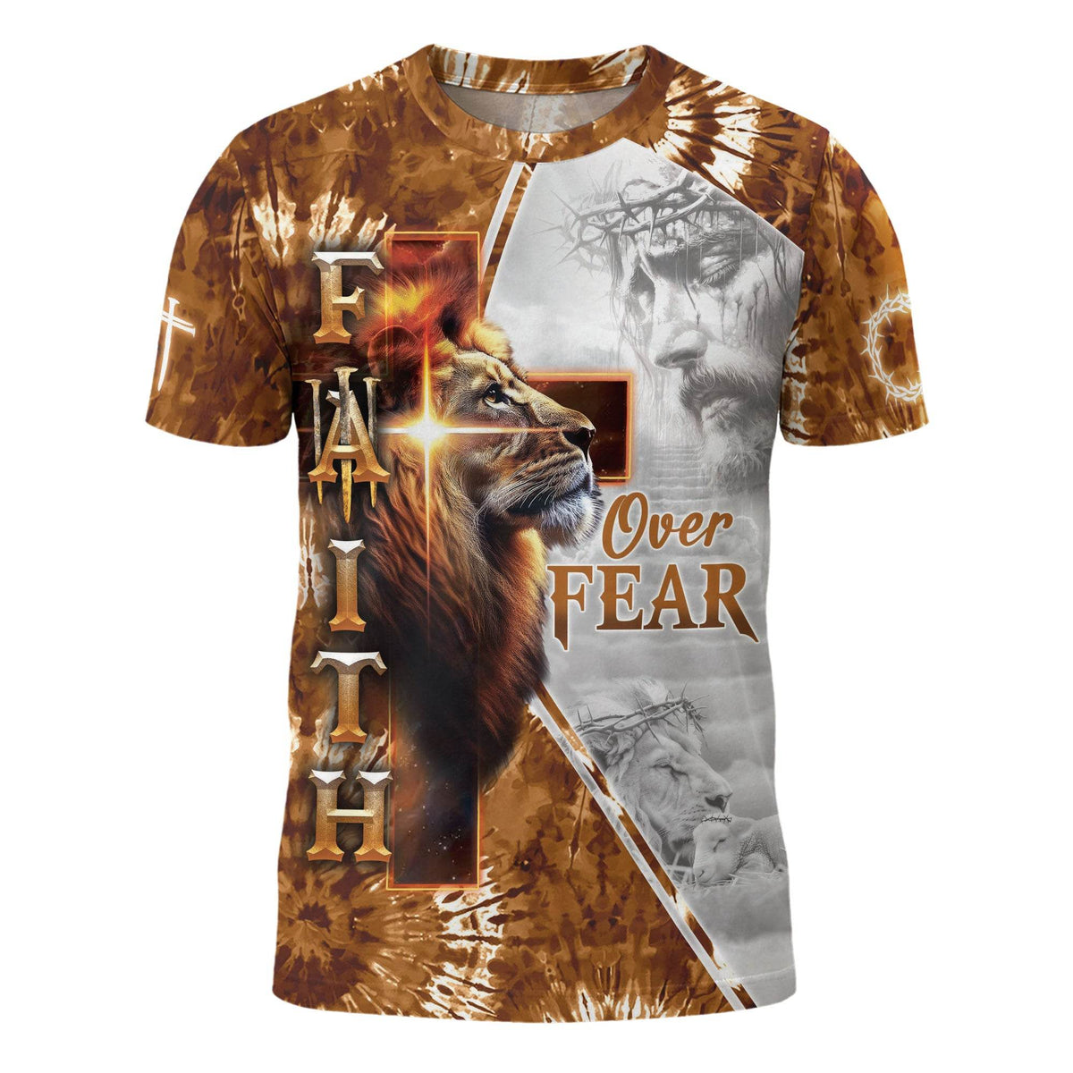 Faith Over Fear Lion & Jesus Cross Christian T-Shirt