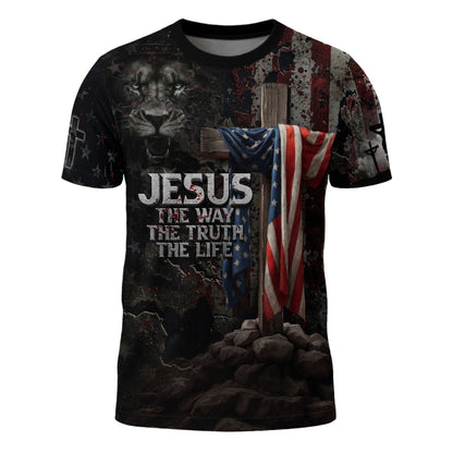 Jesus The Way The Truth The Life American Flag Cross Lion Christian T-Shirt
