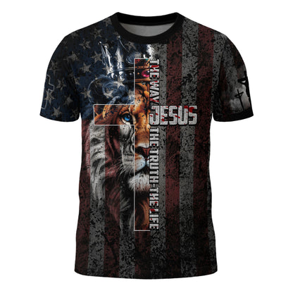 Jesus The Way The Truth The Life Lion Crown Cross American Flag Christian T-Shirt