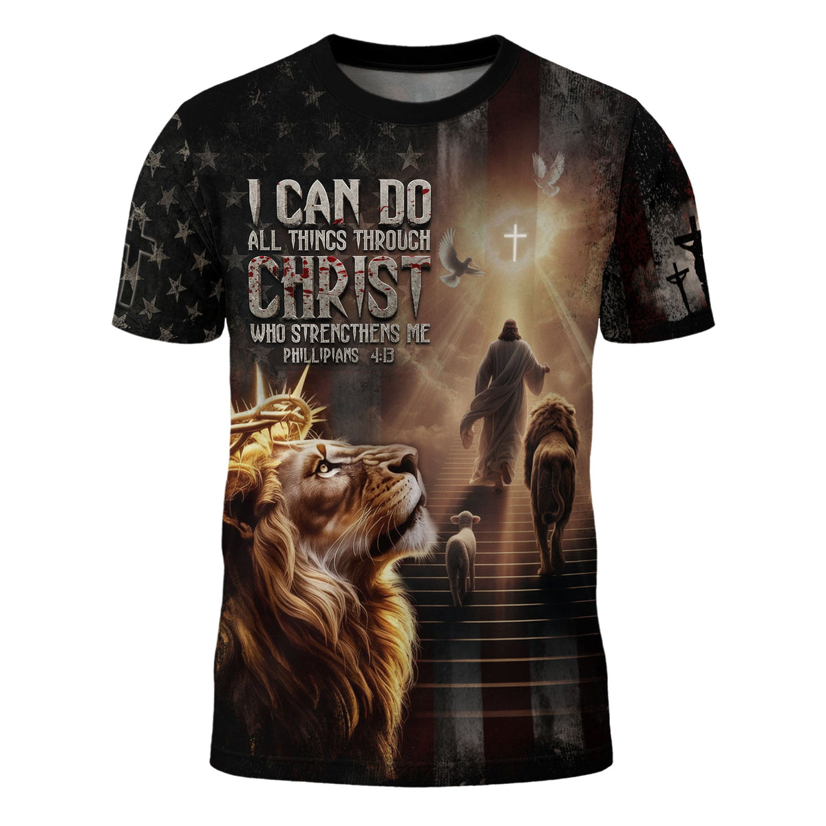 I Can Do All Things Through Christ Lion of Judah American Flag Christian T-Shirt