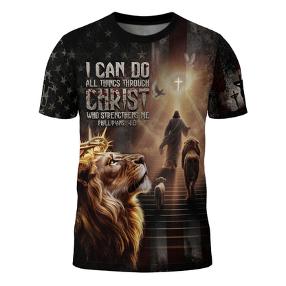 I Can Do All Things Through Christ Lion of Judah American Flag Christian T-Shirt