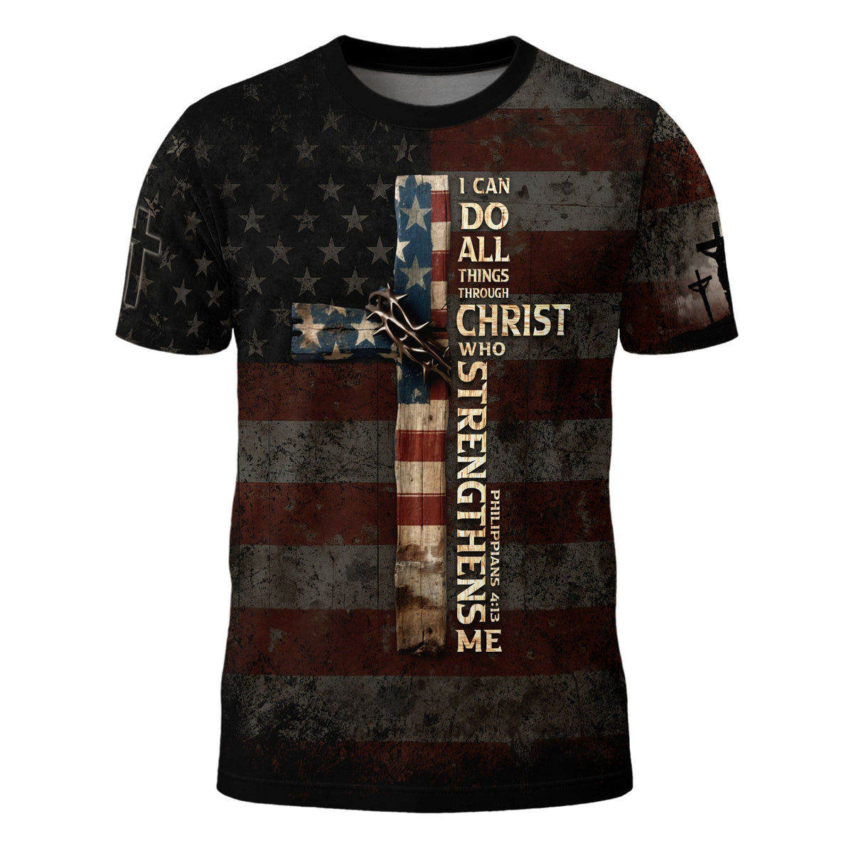 I Can Do All Things Through Christ Cross American Flag Jesus Lion T-Shirt
