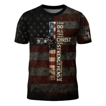 I Can Do All Things Through Christ Cross American Flag Jesus Lion T-Shirt