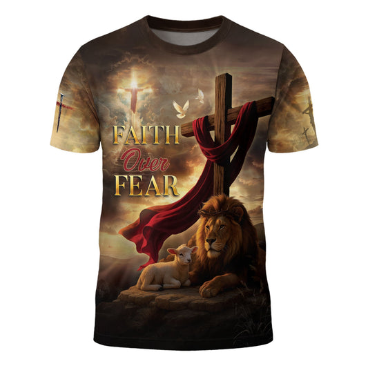 Faith Over Fear Christian T-Shirt Lion Cross Sunset Design