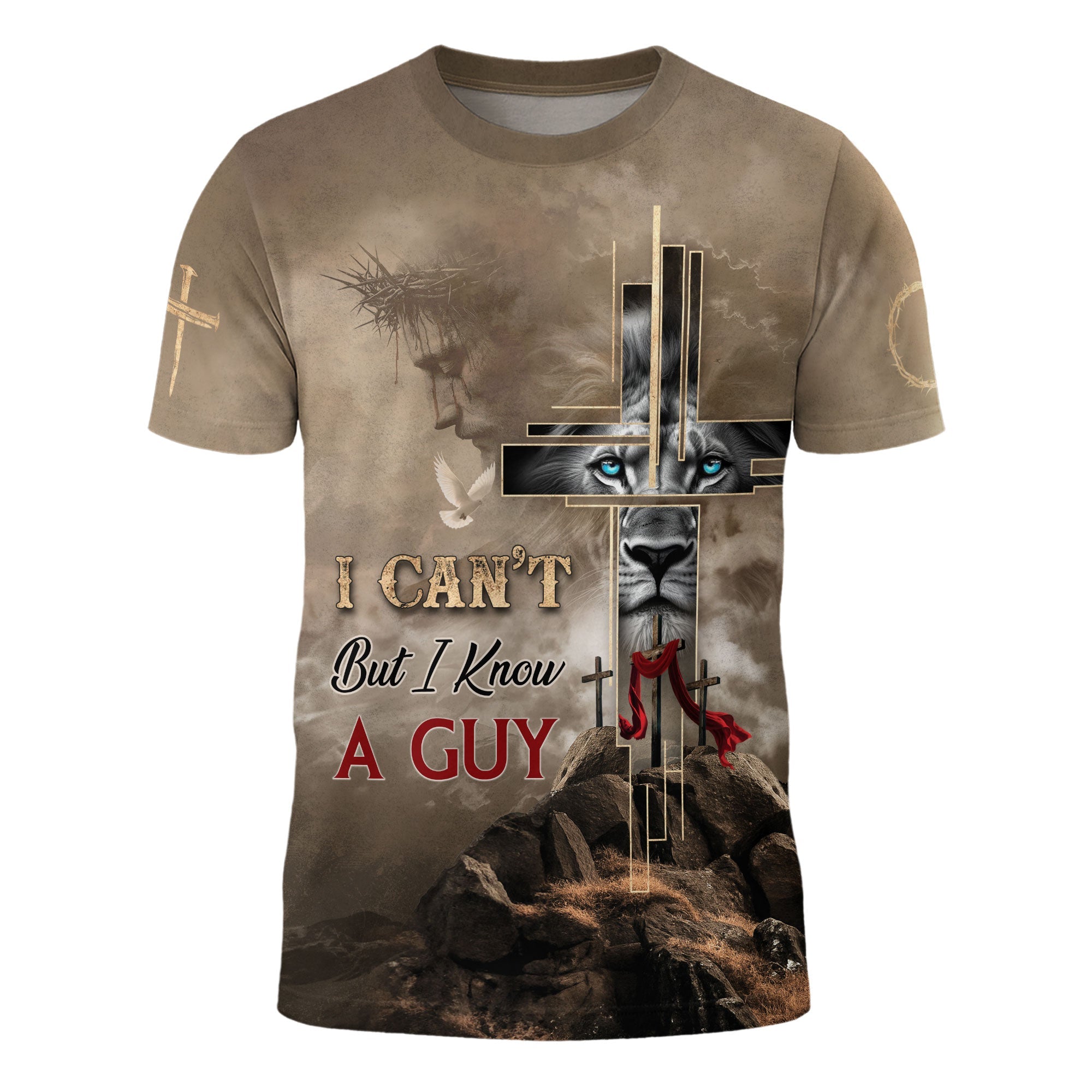 I Can’t But I Know A Guy Christian T-Shirt Fire Lion Jesus Cross Design Religious