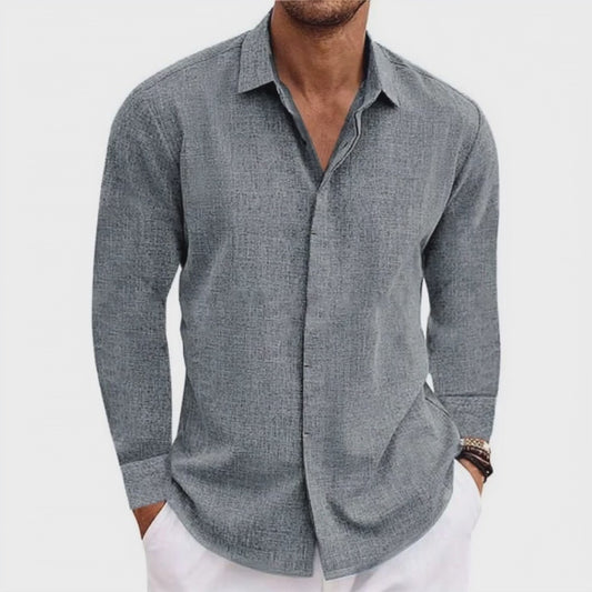 Men's Solid Color Lapel Cotton Linen Short Sleeve Shirt