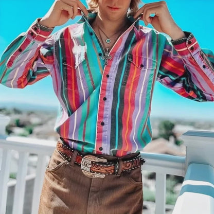 Men's Retro Color Block Stripe Printed Loose Long Sleeve Shirt