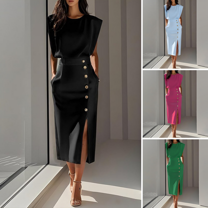 Slit Midi Skirt – Draped Fabric with a Slight Waist Tuck, Elegant & Versatile ✨