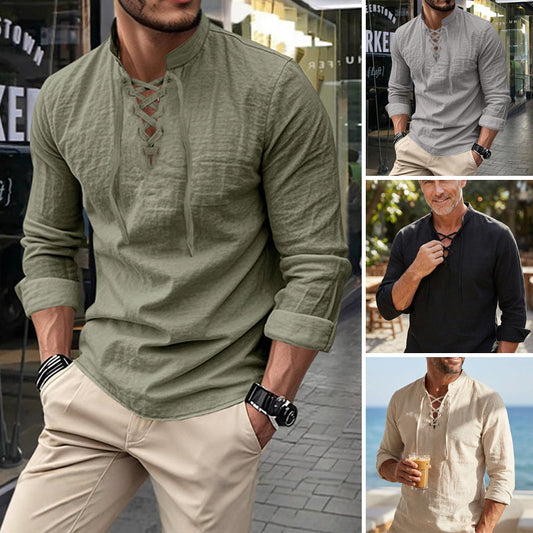 Men’s Casual Henley Shirt – Lightweight Breathable Lace-Up Collar Top