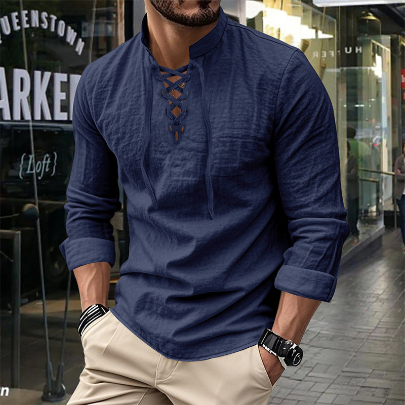 Men’s Casual Henley Shirt – Lightweight Breathable Lace-Up Collar Top