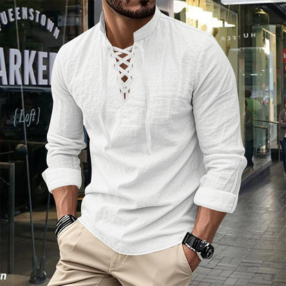 Men’s Casual Henley Shirt – Lightweight Breathable Lace-Up Collar Top