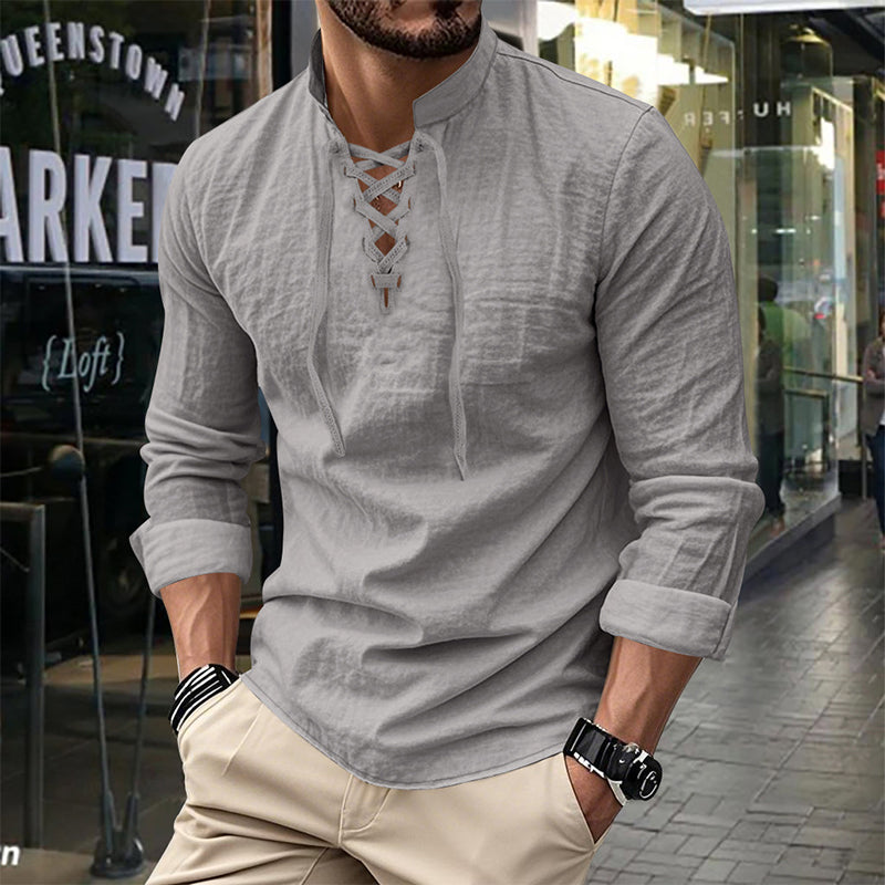Men’s Casual Henley Shirt – Lightweight Breathable Lace-Up Collar Top