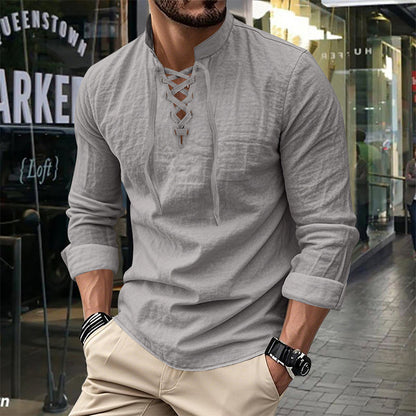 Men’s Casual Henley Shirt – Lightweight Breathable Lace-Up Collar Top