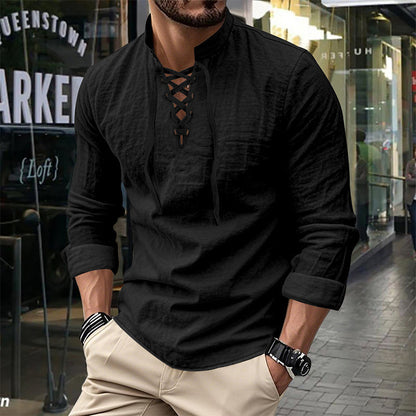 Men’s Casual Henley Shirt – Lightweight Breathable Lace-Up Collar Top