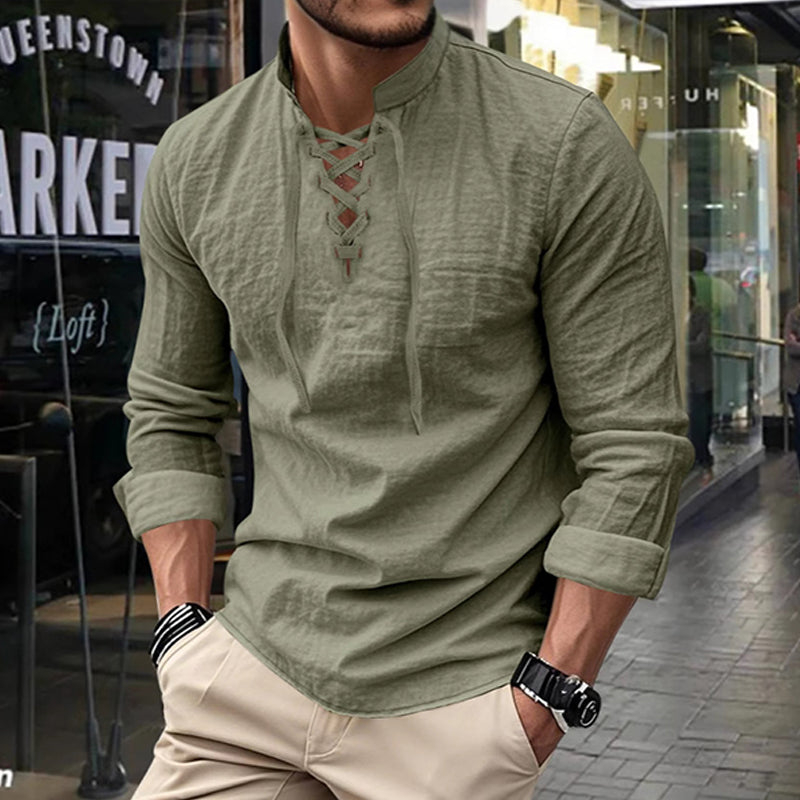 Men’s Casual Henley Shirt – Lightweight Breathable Lace-Up Collar Top