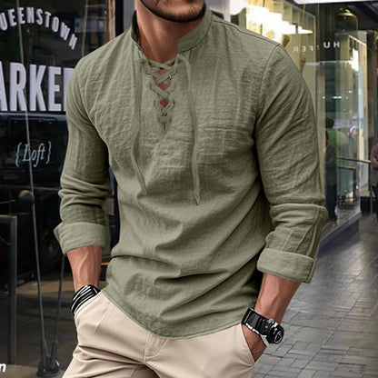 Men’s Casual Henley Shirt – Lightweight Breathable Lace-Up Collar Top