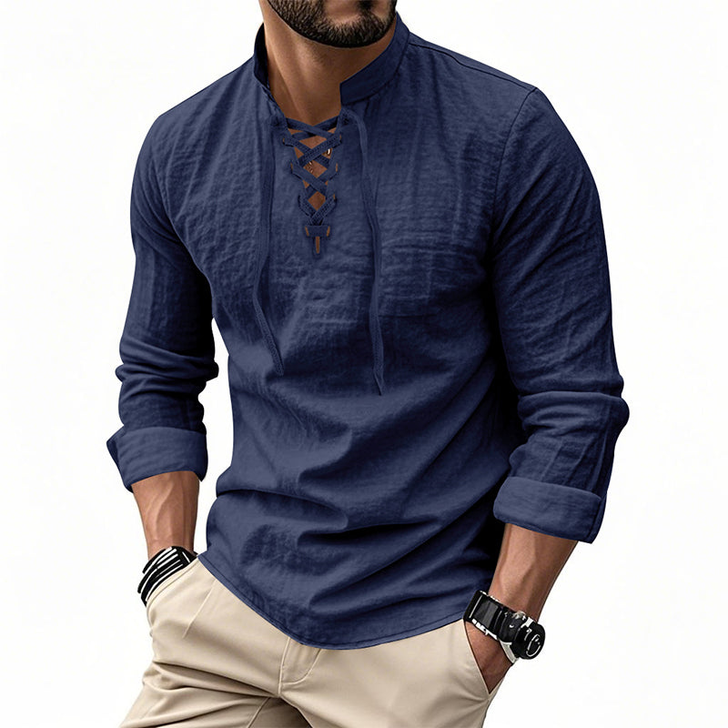 Men’s Casual Henley Shirt – Lightweight Breathable Lace-Up Collar Top