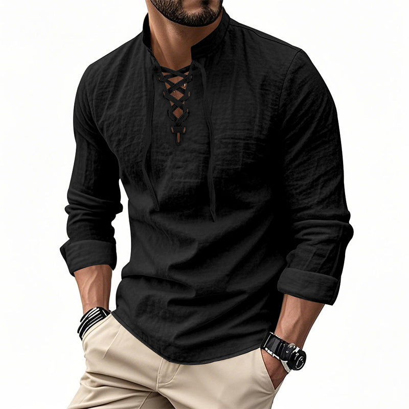 Men’s Casual Henley Shirt – Lightweight Breathable Lace-Up Collar Top