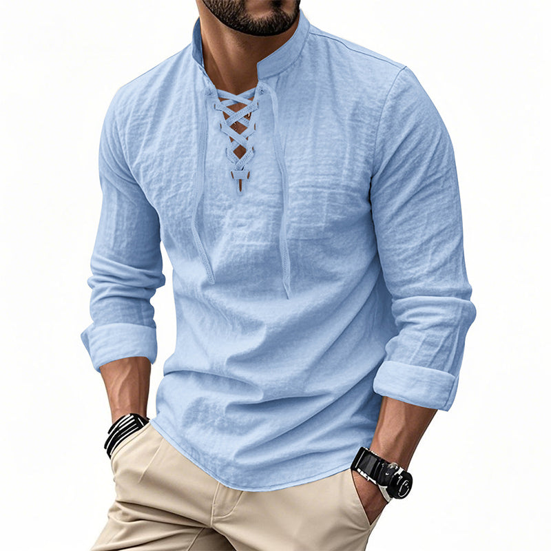Men’s Casual Henley Shirt – Lightweight Breathable Lace-Up Collar Top