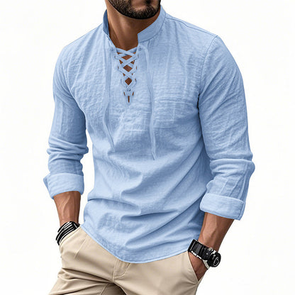 Men’s Casual Henley Shirt – Lightweight Breathable Lace-Up Collar Top