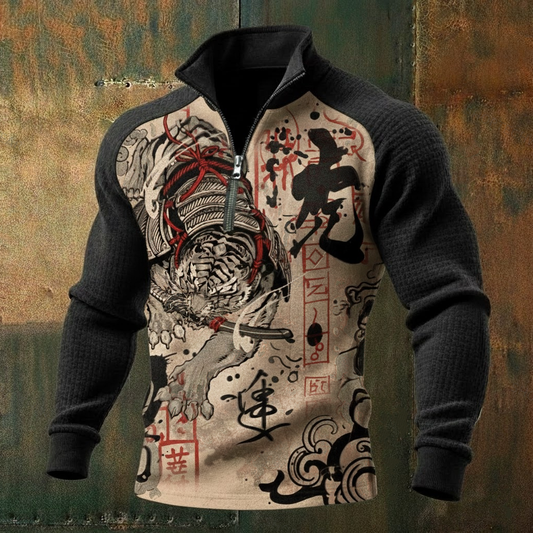 Men's Ink Dragon Tiger Long-Sleeve High-Neck Quarter-Zip Waffle Pullover