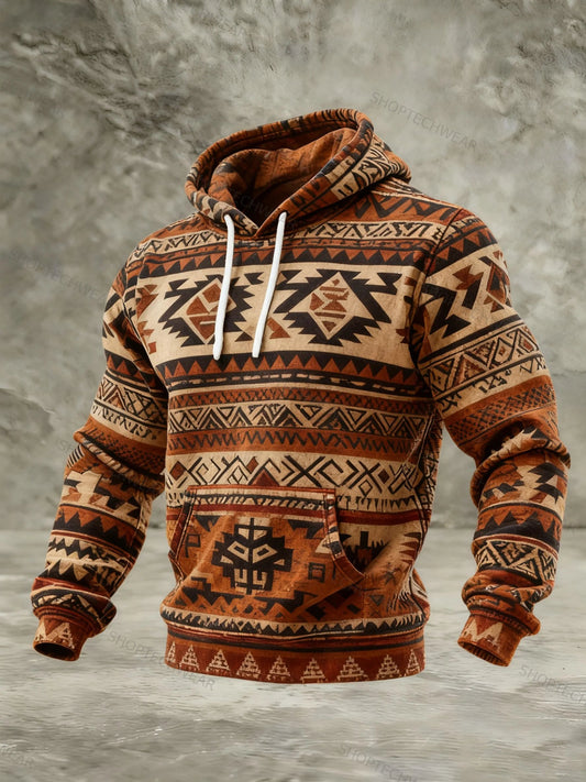 Navajo-Inspired Graphic Print Bohemian Geometric Tribal Pattern Hoodie