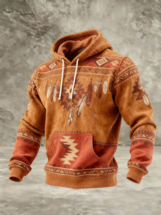 Navajo-Inspired Deer Skull Graphic Print Bohemian Geometric Tribal Pattern Hoodie
