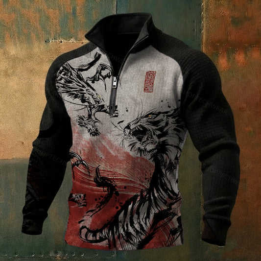 Men's Dragon Tiger Long-Sleeve High-Neck Quarter-Zip Waffle Pullover