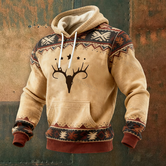 Navajo-Inspired Graphic Print Deer Skull Geometric Tribal Pattern Hoodie
